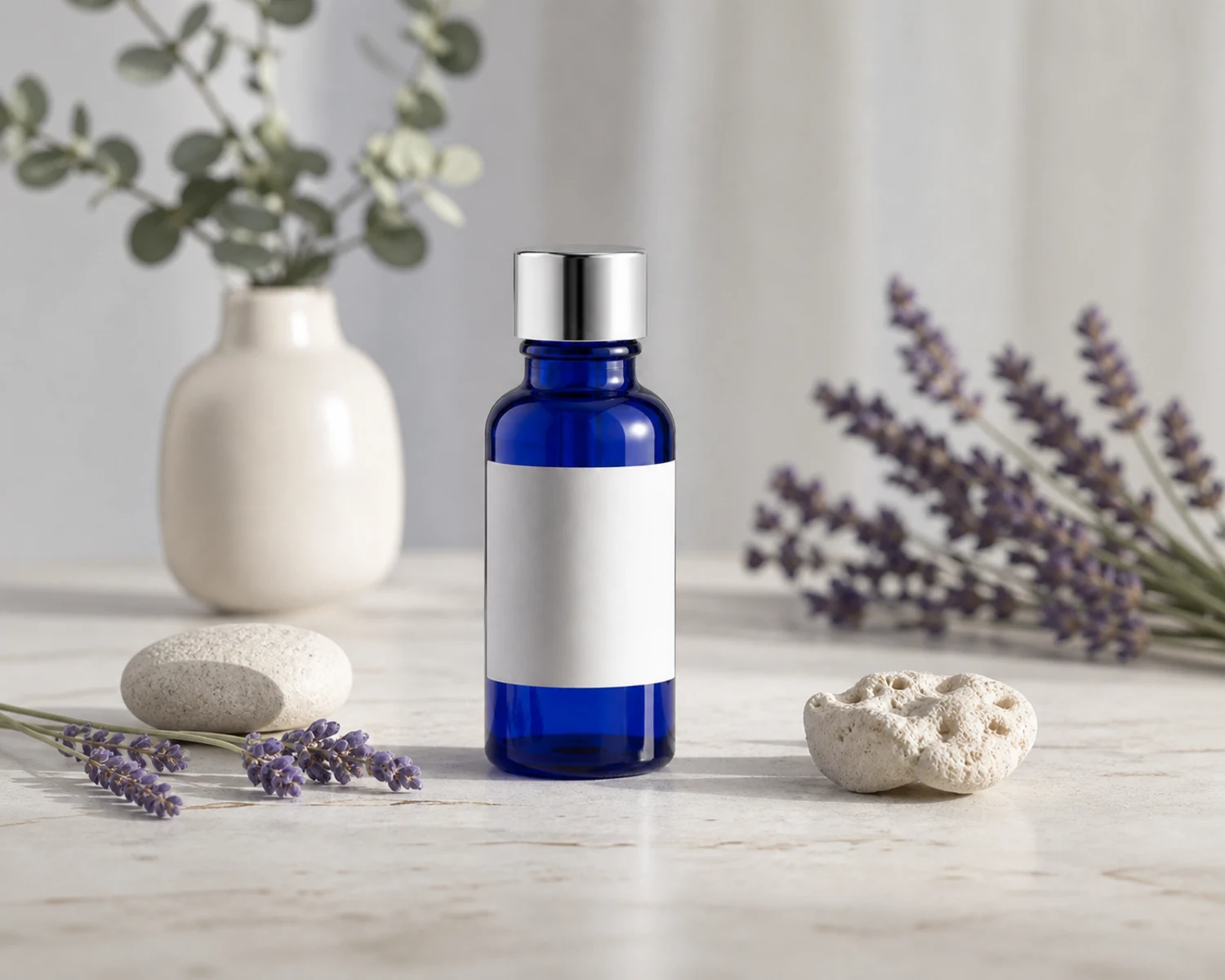 Cobalt Blue Essential Oil Bottle finished product effect render for cobalt blue essential oil bottle, blue glass dropper bottle 10ml, cobalt Boston round bottle
