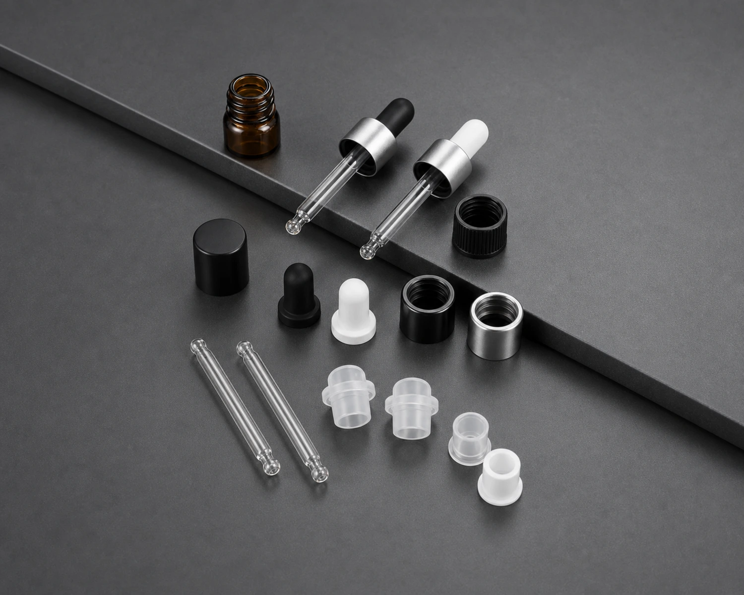accessories detail image of Essential Oil Bottle and Dropper Closure Set showing dropper, cap, roller or essential oil bottle components