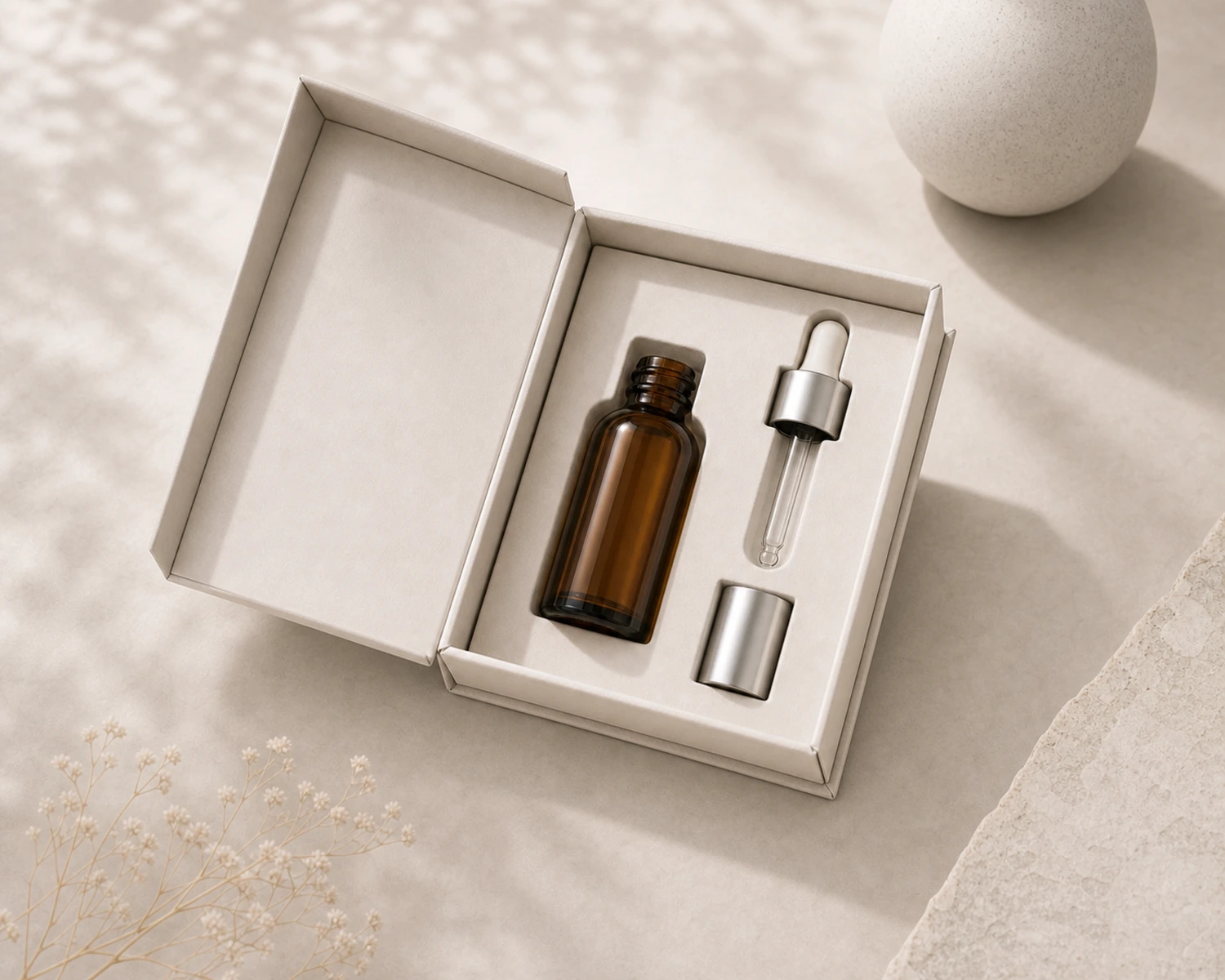 gift box packaging image of Essential Oil Bottle and Dropper Closure Set showing premium essential oil retail box presentation