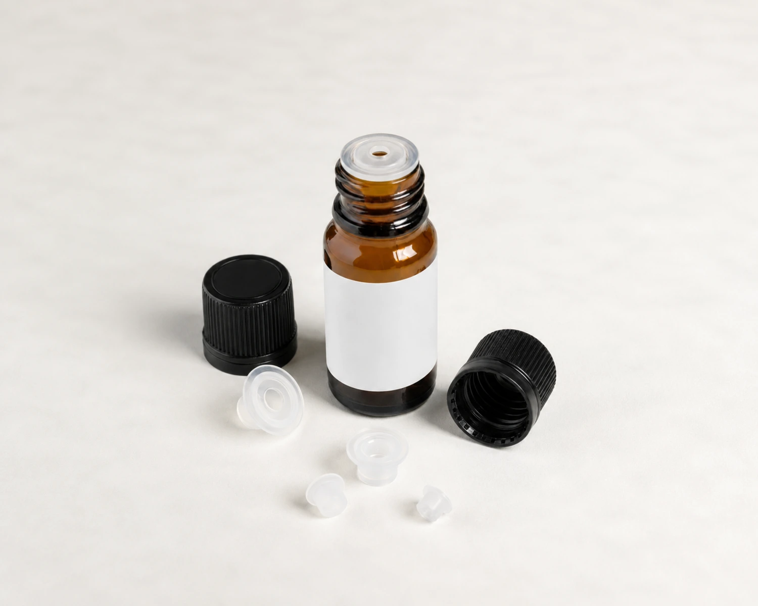 Accesorios y detalle de cierre del Frasco de Aceite Esencial con Reductor de Orificio para frasco con reductor de orificio, frasco de aceite esencial con reductor de orificio, frasco ámbar de 10ml con reductor