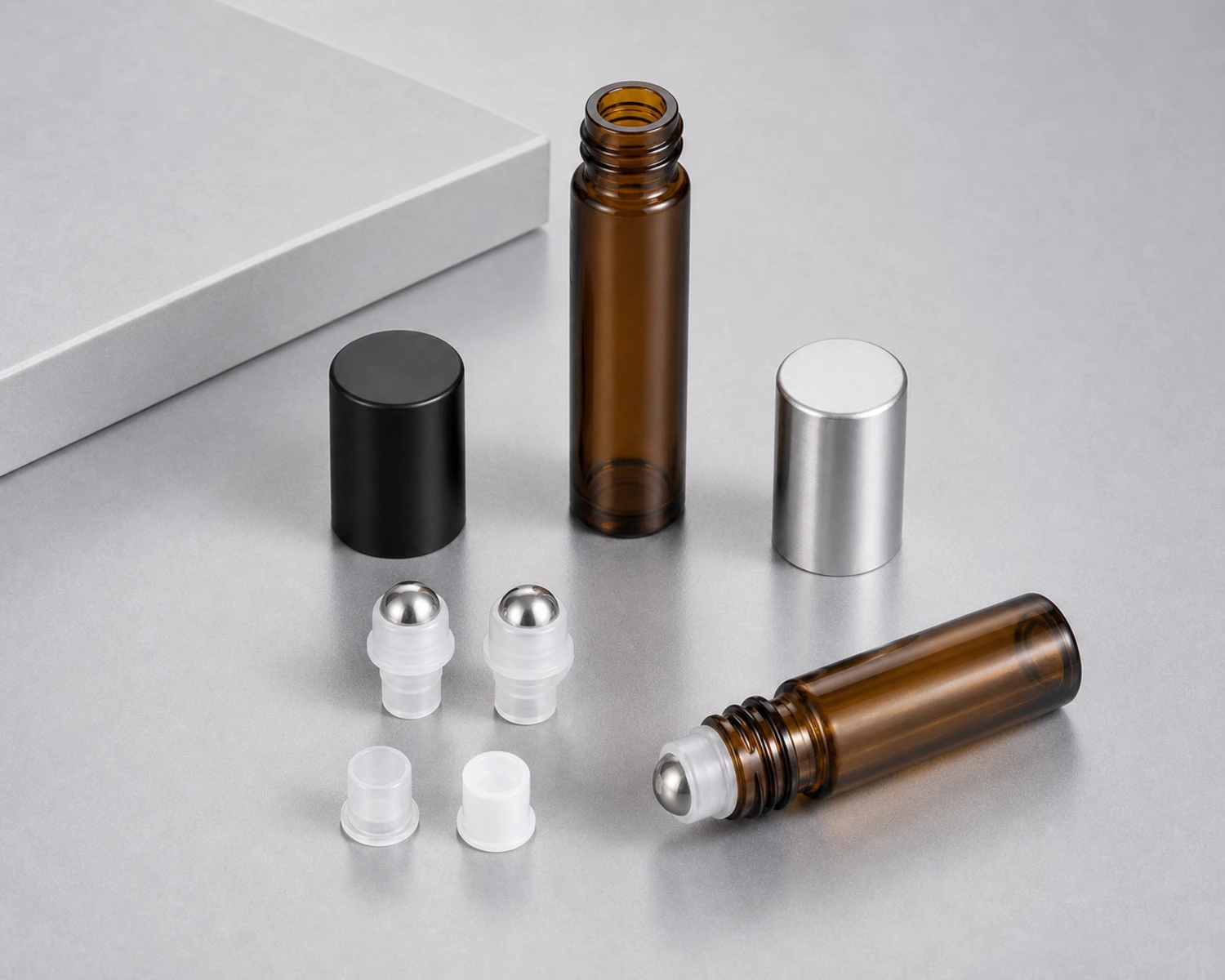 accessories detail image of Essential Oil Roller Bottle showing dropper, cap, roller or essential oil bottle components