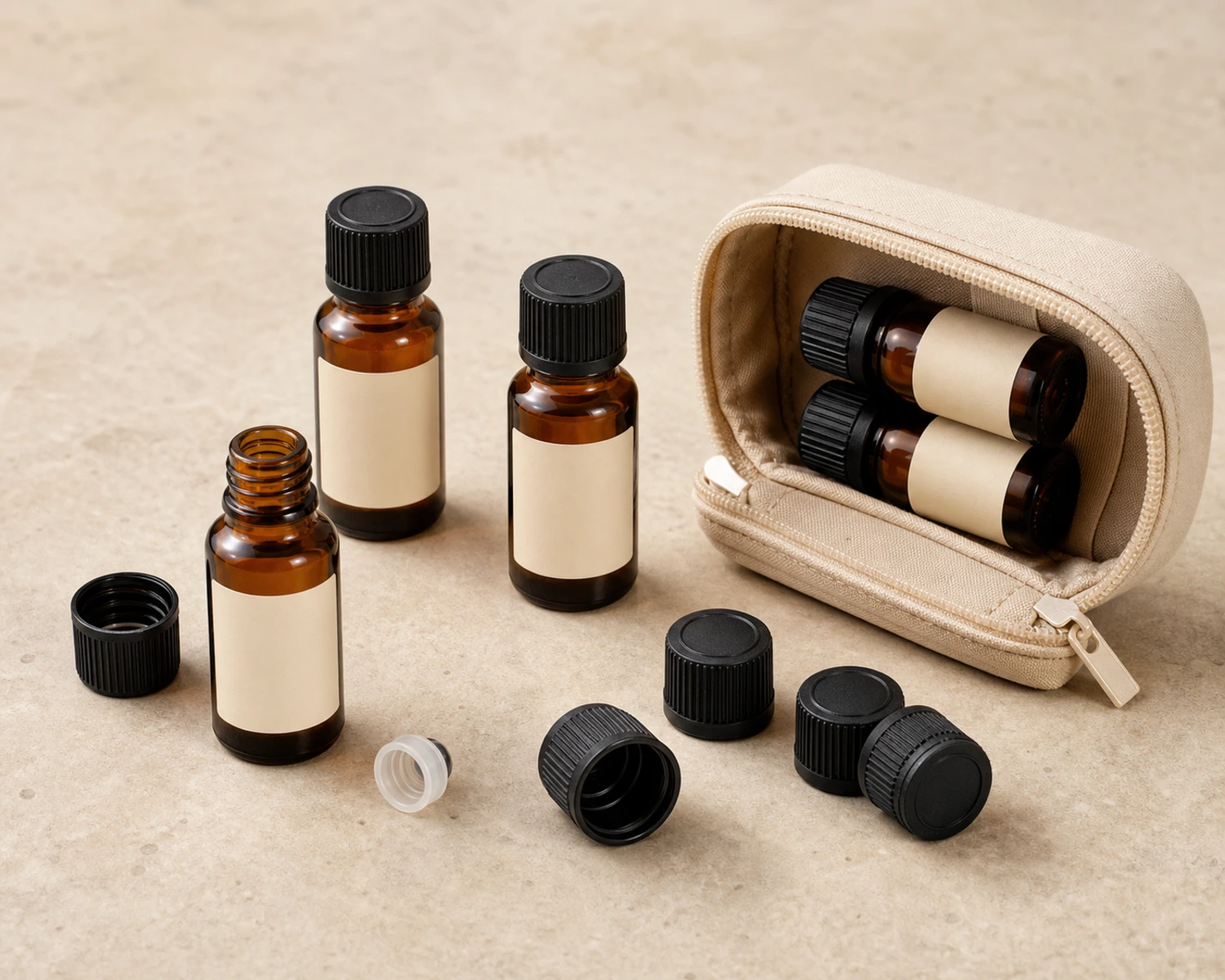 Essential Oil Travel Bottle accessories and closure detail for essential oil travel bottle, 10ml travel oil bottle, portable aromatherapy bottle