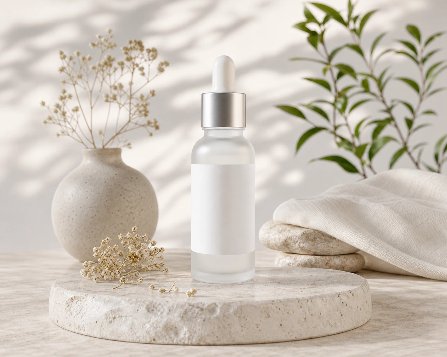 Frosted essential oil glass bottle in a premium scene showing decoration and finish choices
