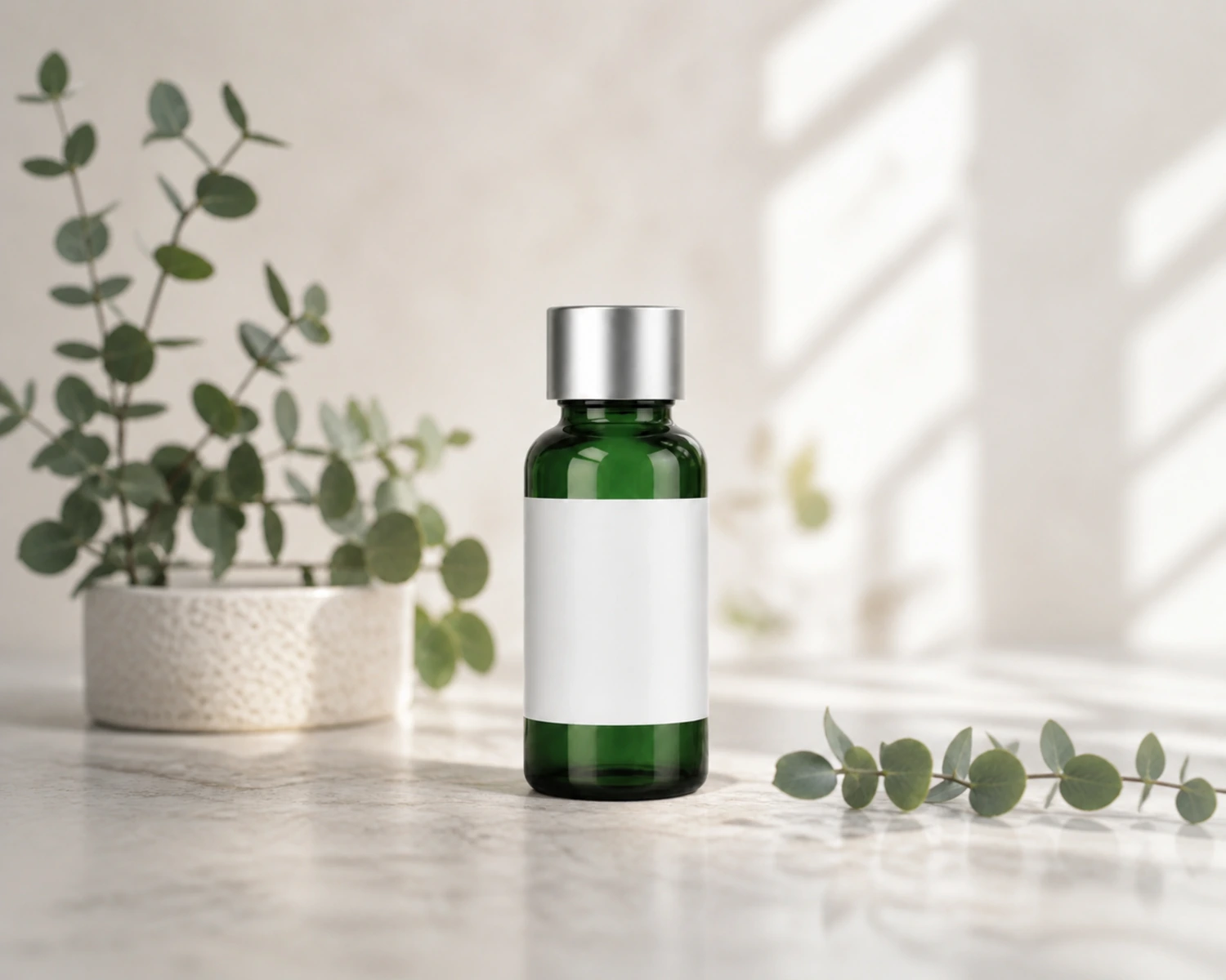 Green Glass Essential Oil Bottle finished product effect render for green glass essential oil bottle, green dropper bottle 30ml, green aromatherapy oil bottle