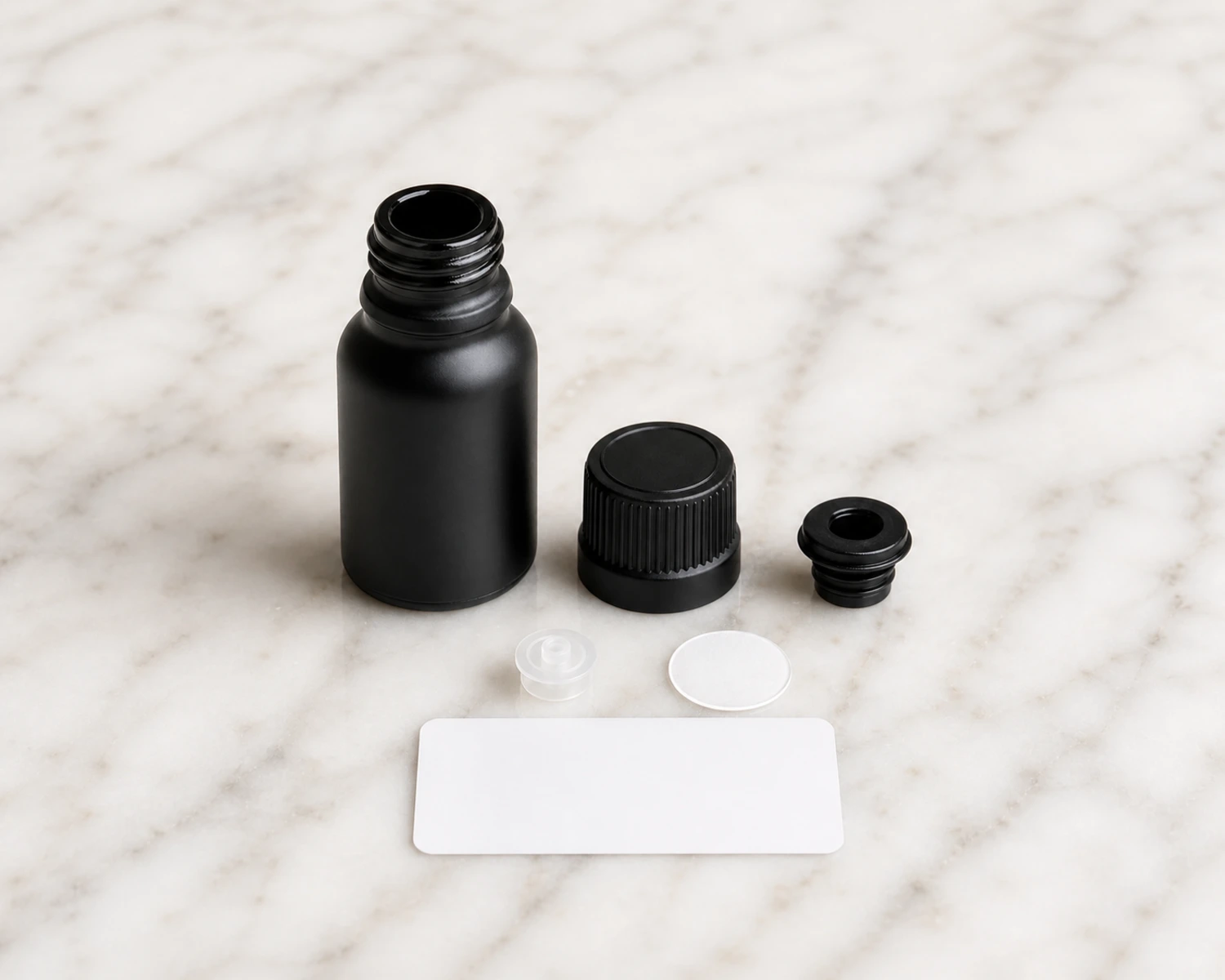 Matte Black Essential Oil Bottle accessories and closure detail for matte black essential oil bottle, black glass dropper bottle 30ml, luxury essential oil packaging