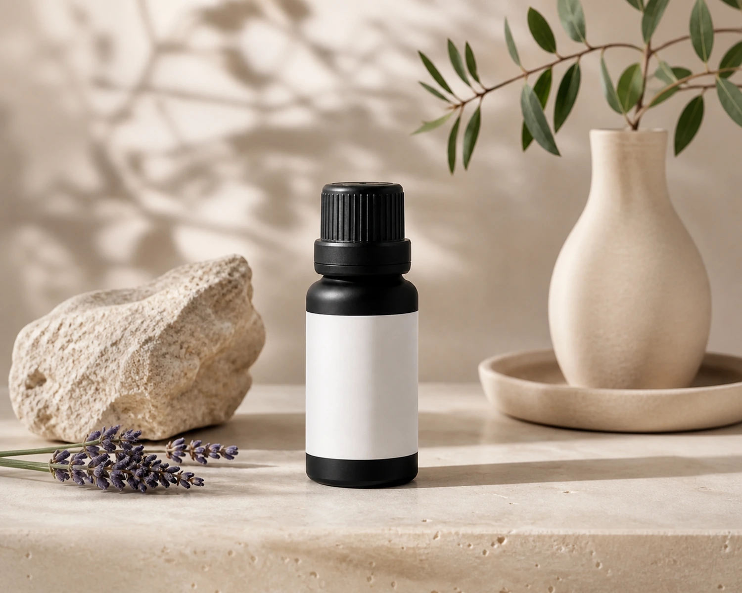 Matte Black Essential Oil Bottle finished product effect render for matte black essential oil bottle, black glass dropper bottle 30ml, luxury essential oil packaging