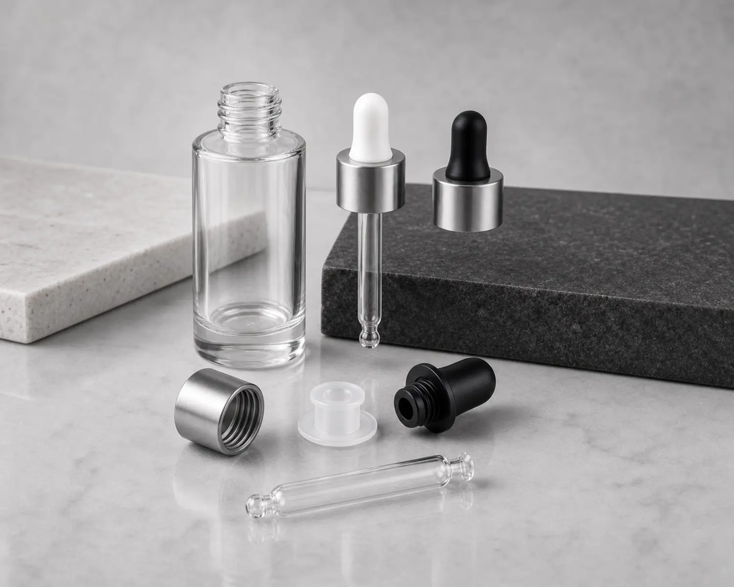 accessories detail image of Straight Shoulder Glass Dropper Bottle showing dropper, cap, roller or essential oil bottle components