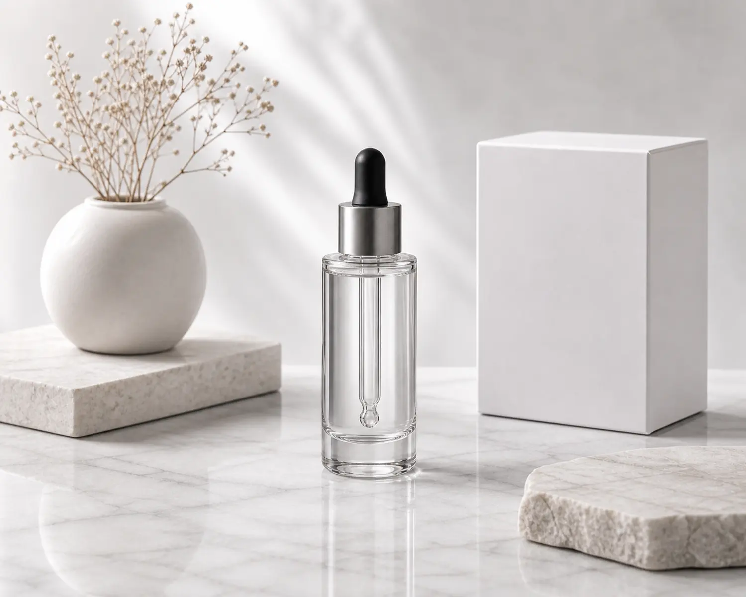Straight Shoulder Glass Dropper Bottle finished bottle campaign image showing premium essential oil packaging presentation