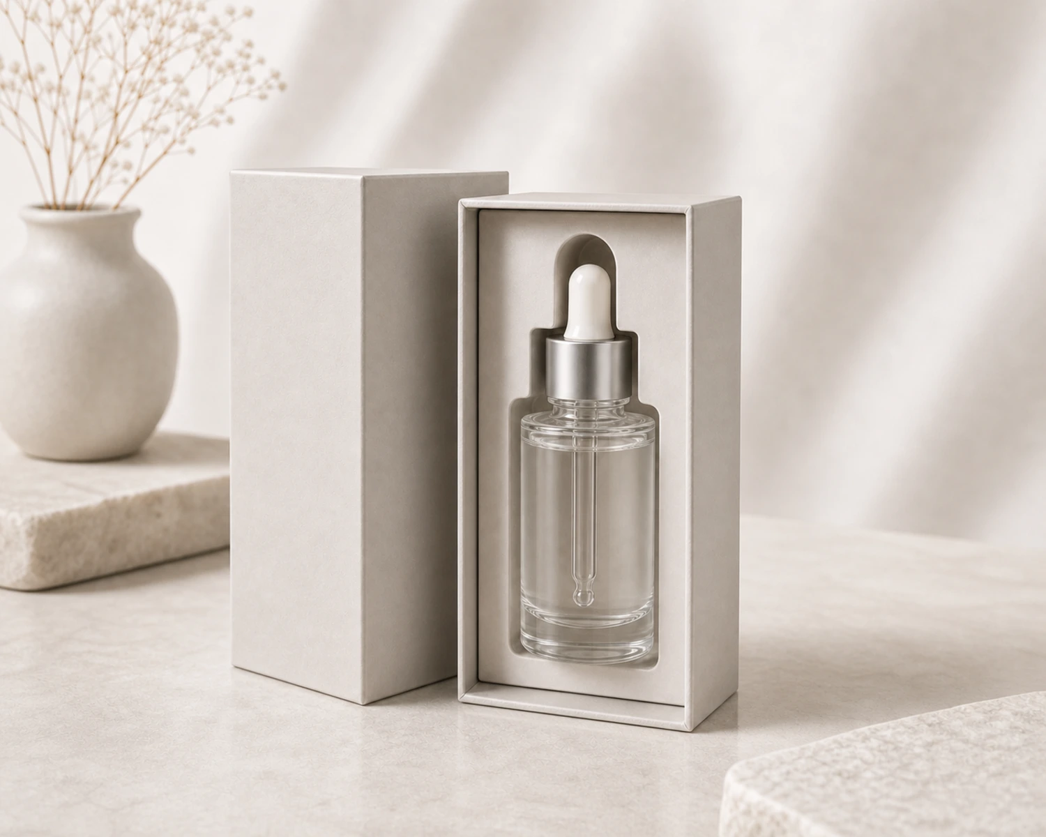 gift box packaging image of Straight Shoulder Glass Dropper Bottle showing premium essential oil retail box presentation