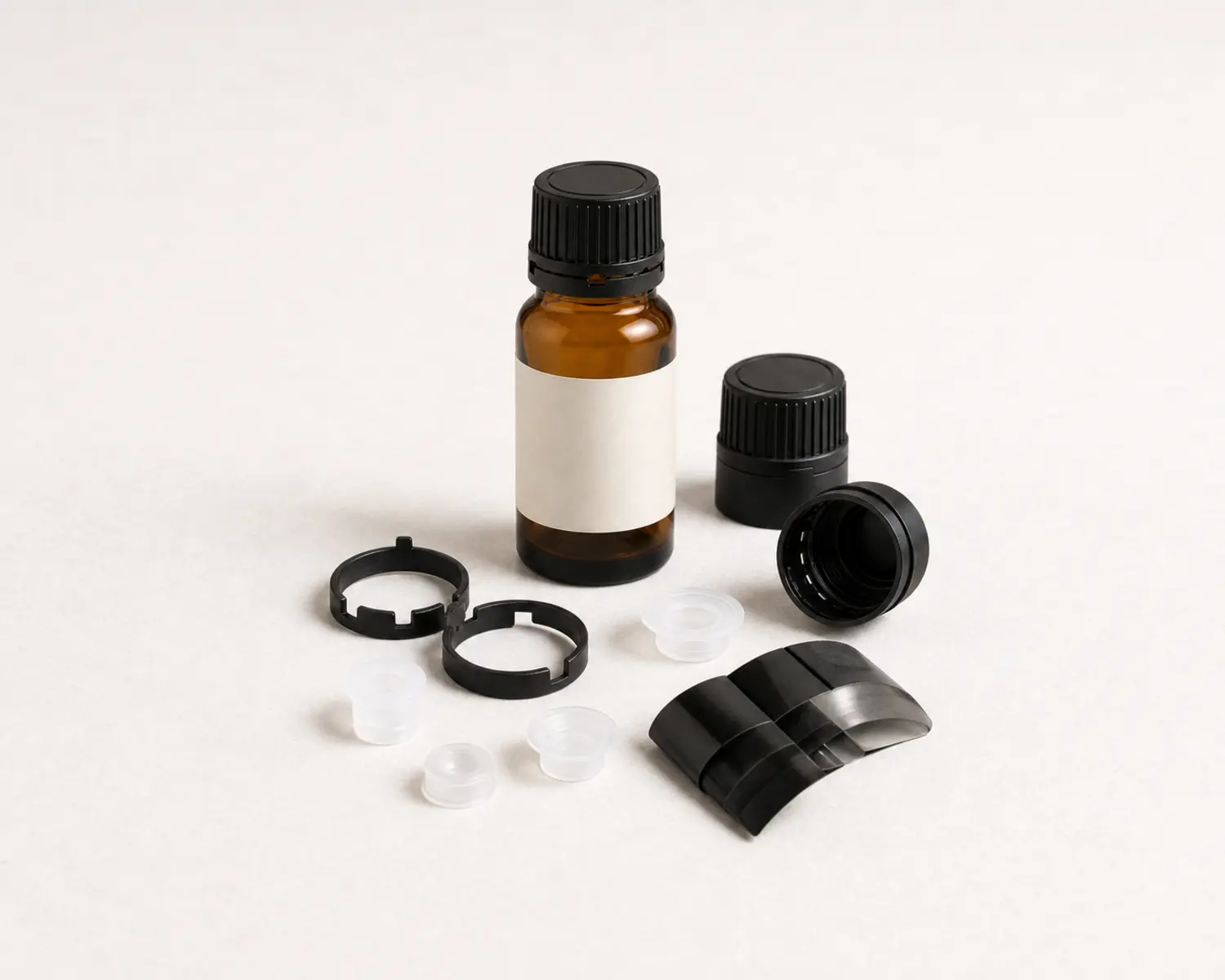 Tamper Evident Essential Oil Bottle accessories and closure detail for tamper evident essential oil bottle, TE cap oil bottle, amber bottle with tamper evident cap