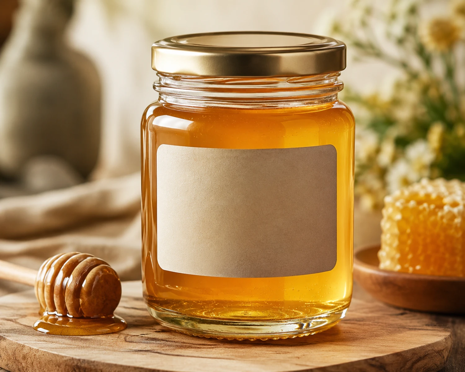 closure and structure detail image of Honey Glass Jar showing lid, jar opening and glass construction
