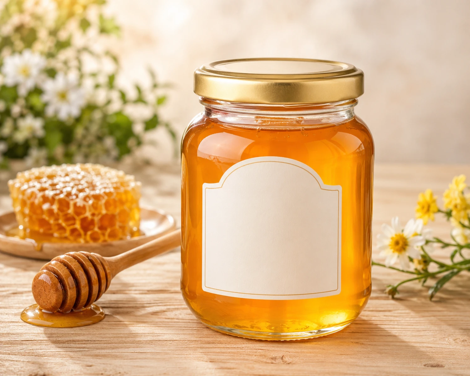 Honey Glass Jar finished food packaging campaign image showing premium glass jar presentation