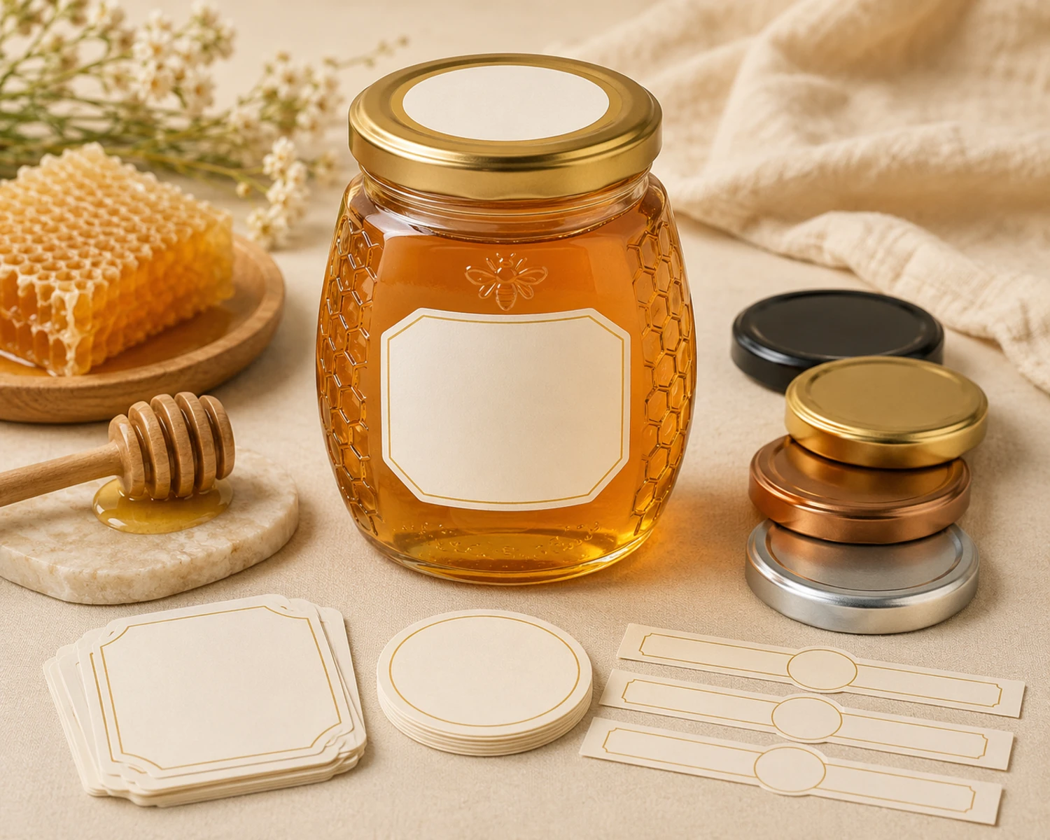 label and decoration detail image of Honey Glass Jar showing food packaging label or custom surface option