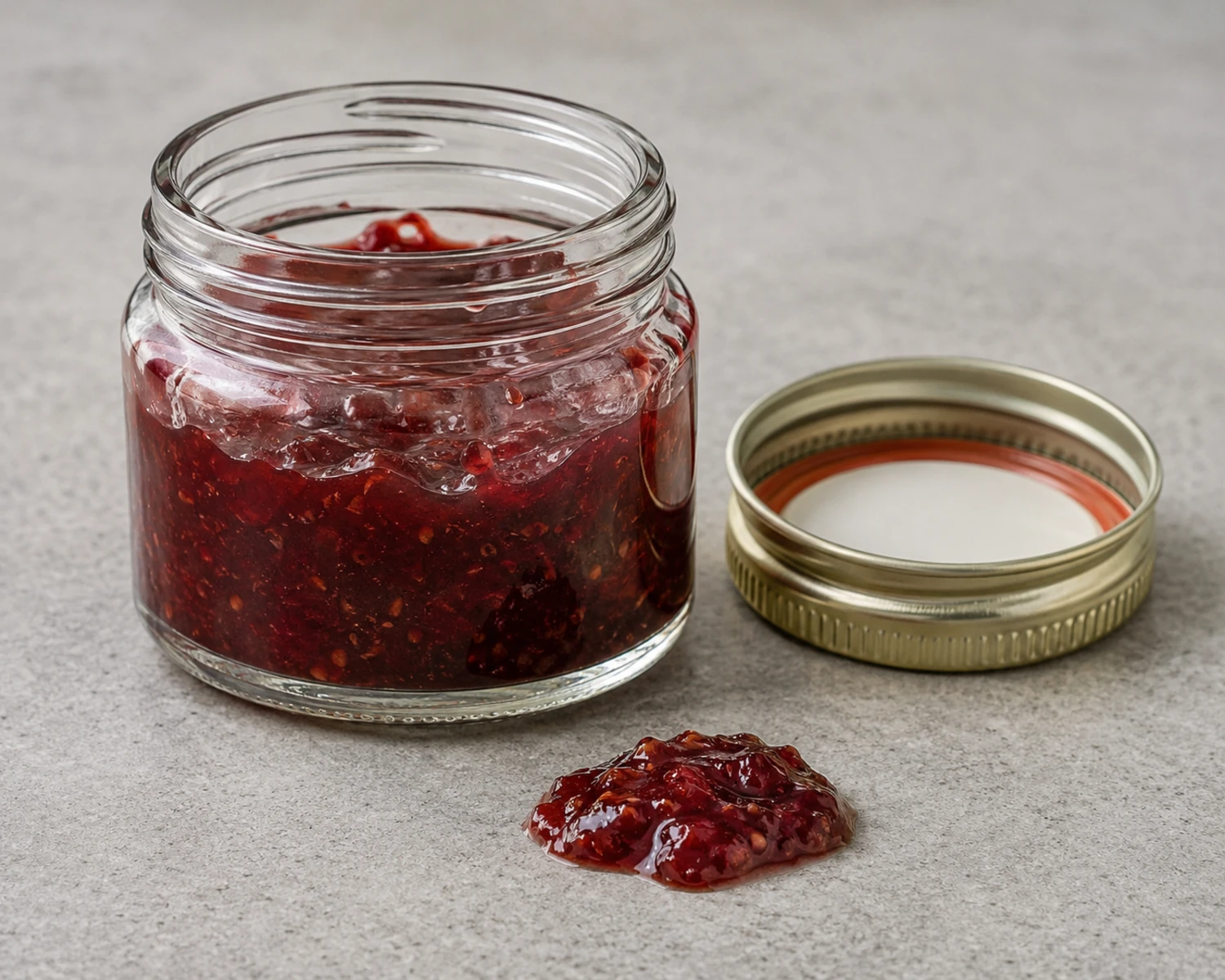 closure and structure detail image of Jam and Sauce Glass Jar showing lid, jar opening and glass construction