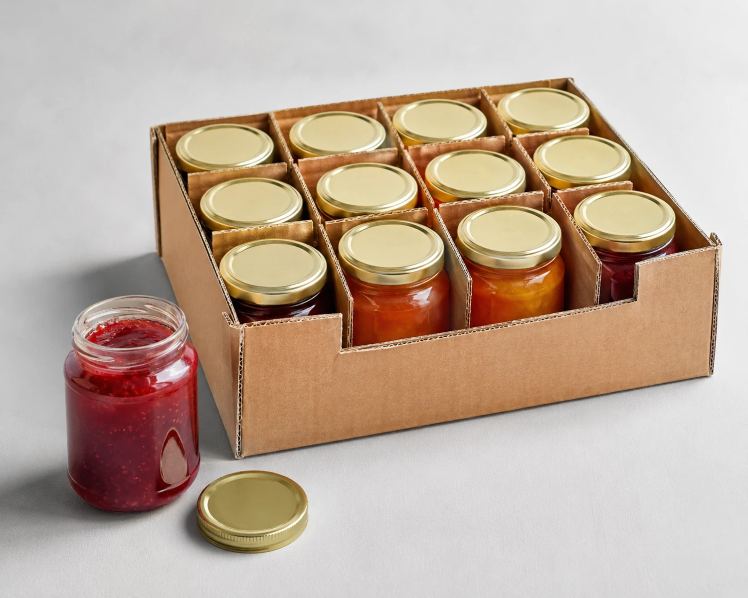retail packaging image of Jam and Sauce Glass Jar showing box, divider or protective packaging