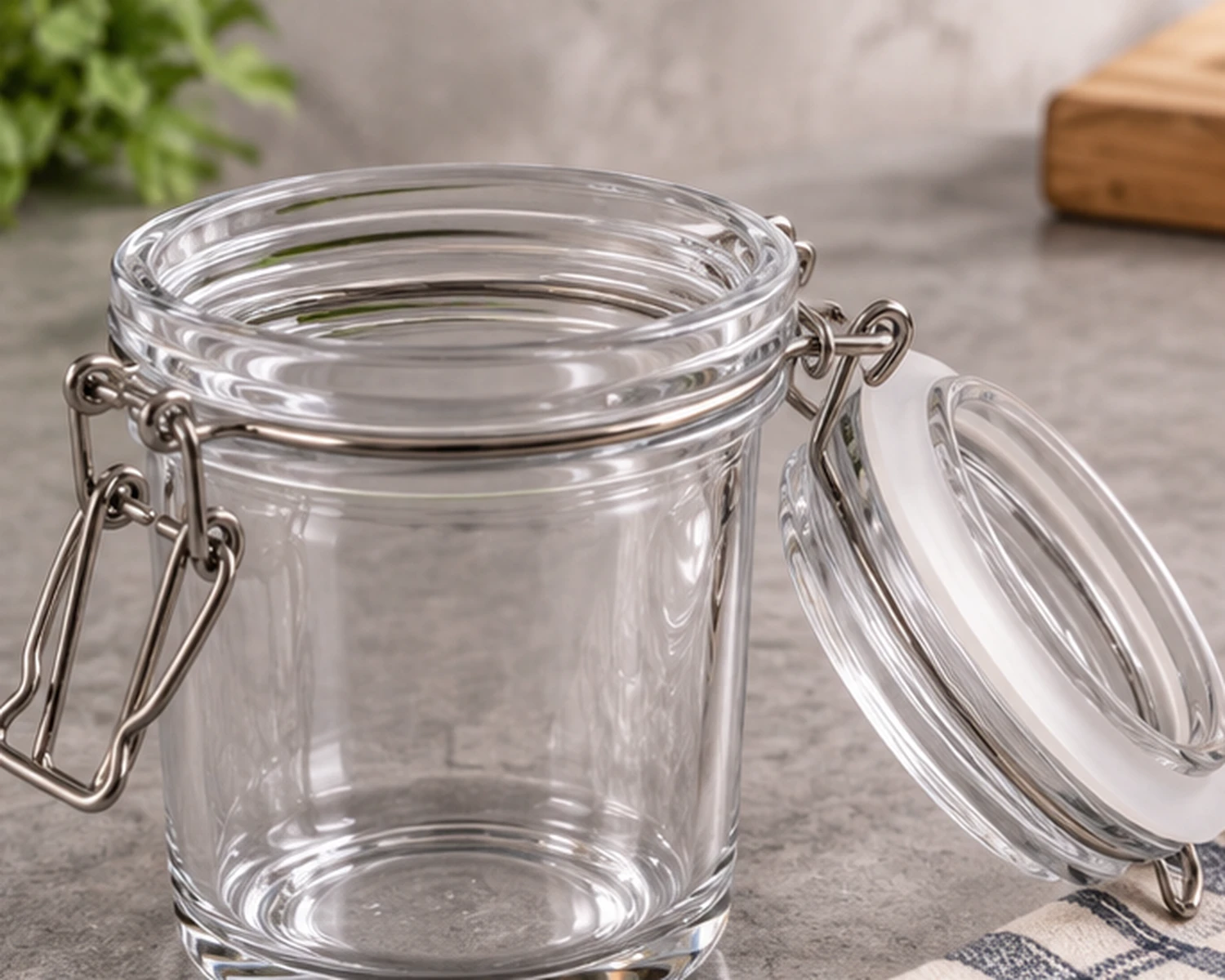 closure and structure detail image of Sealed Glass Storage Jar showing lid, jar opening and glass construction