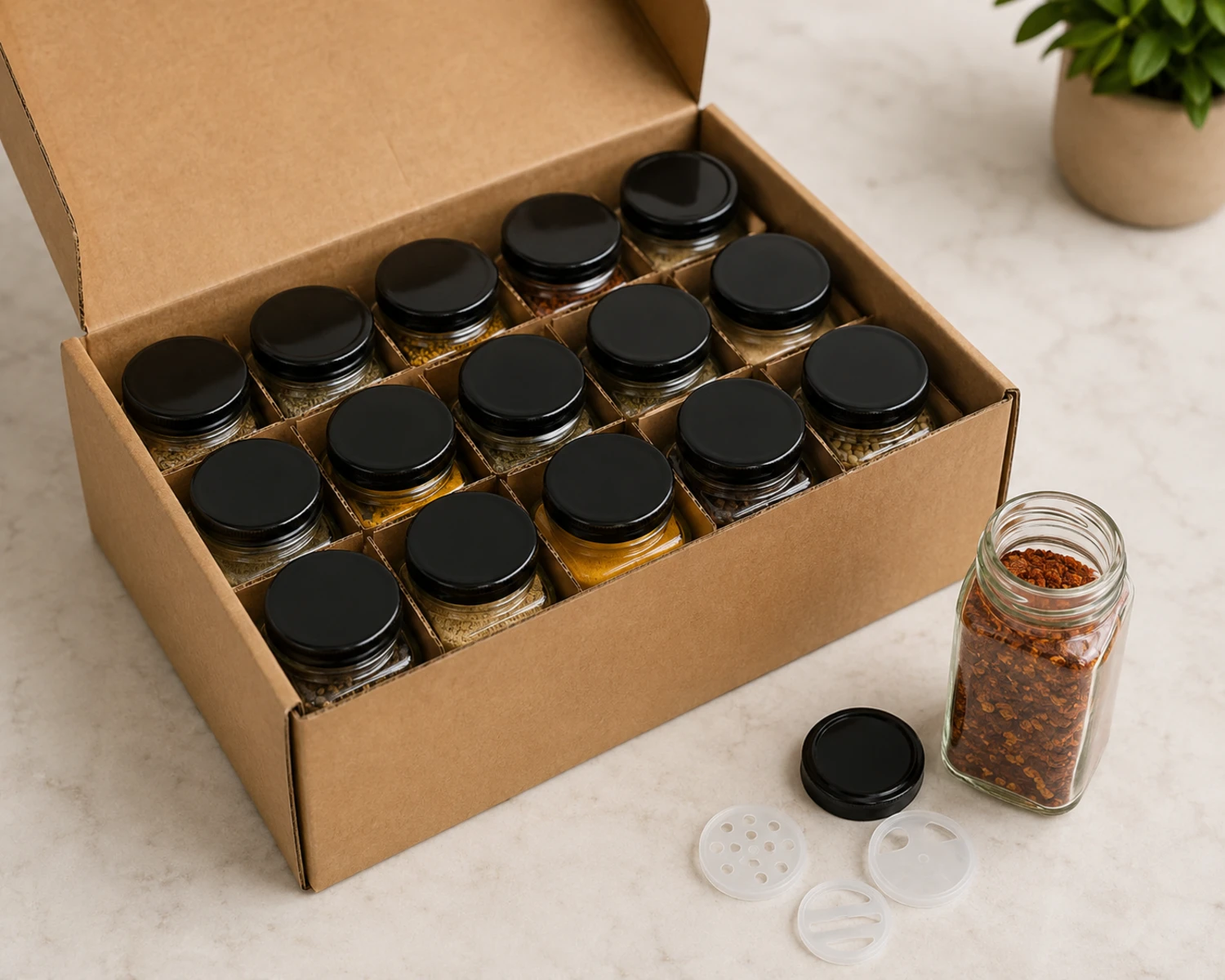 retail packaging image of Spice Glass Jar showing box, divider or protective packaging