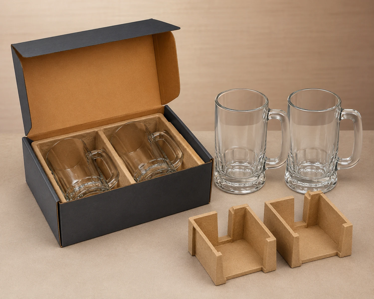 Beer Glass Mug retail packaging image showing glass cup box, divider or protective insert