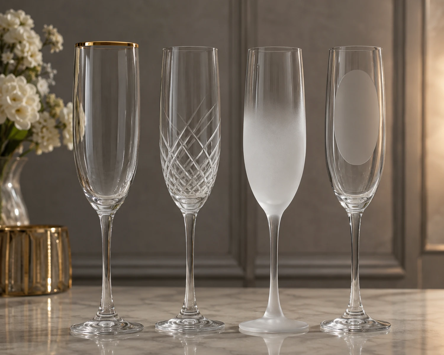 Champagne Flute Glass printing and decoration detail image showing custom glassware branding options