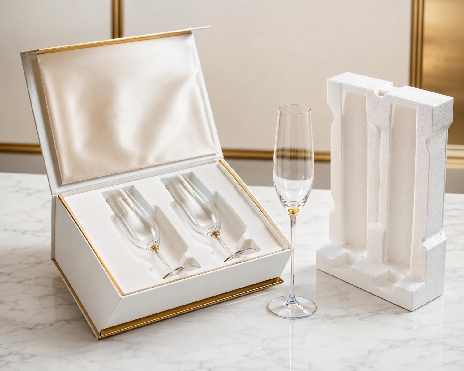Champagne Flute Glass retail packaging image showing glass cup box, divider or protective insert