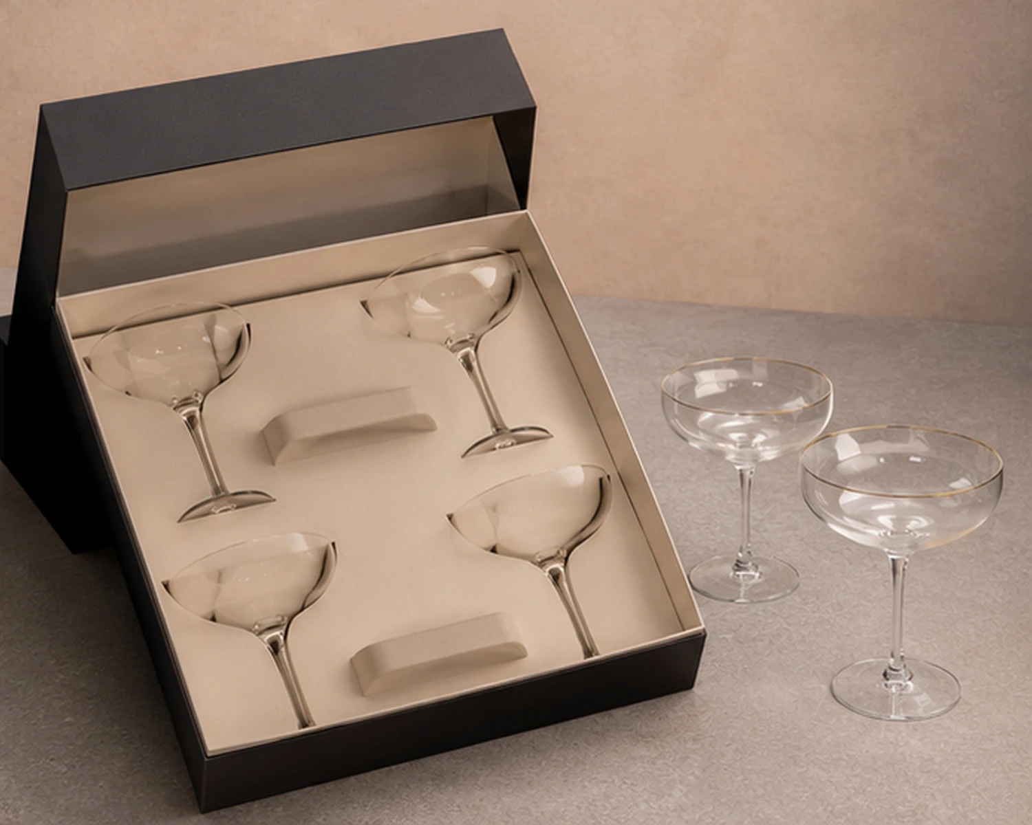 Cocktail Glass retail packaging image showing glass cup box, divider or protective insert