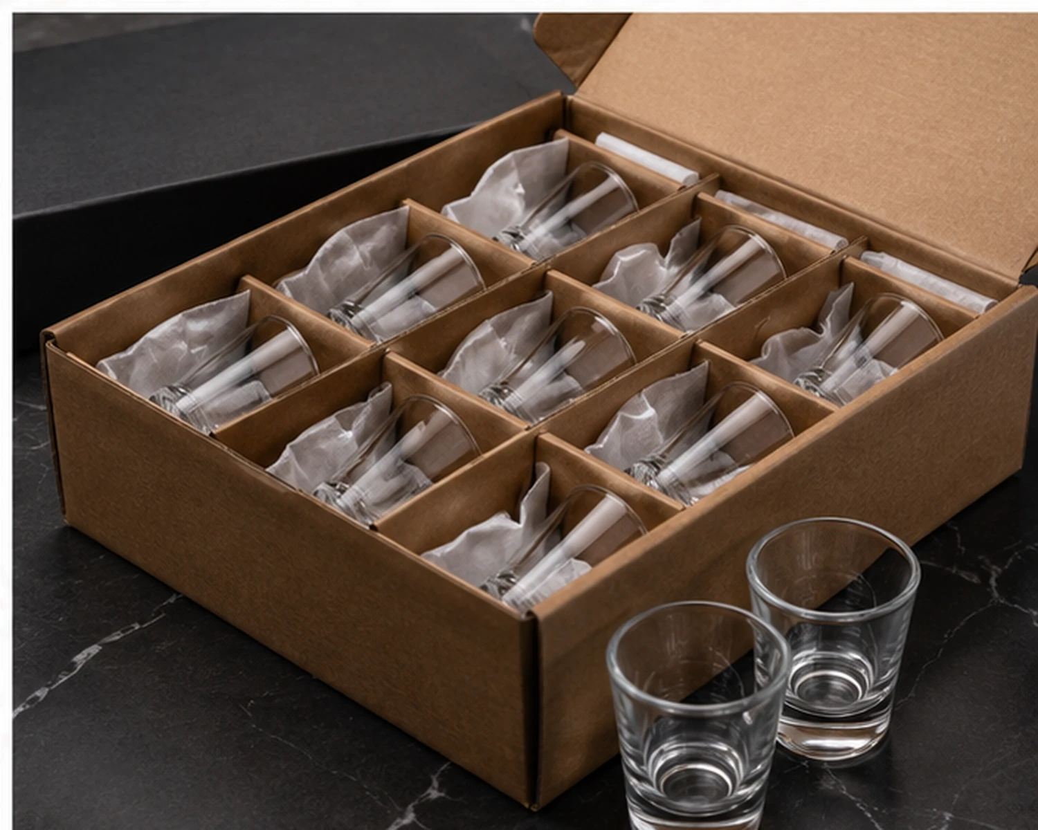 Shot Glass retail packaging image showing glass cup box, divider or protective insert