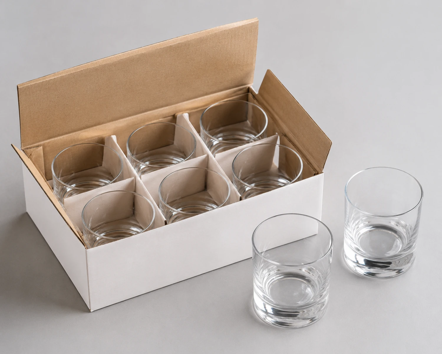 Straight Glass Cup retail packaging image showing glass cup box, divider or protective insert