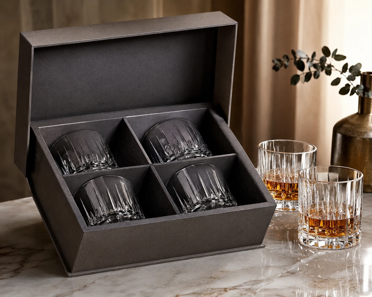 Whiskey Glass Tumbler retail packaging image showing glass cup box, divider or protective insert
