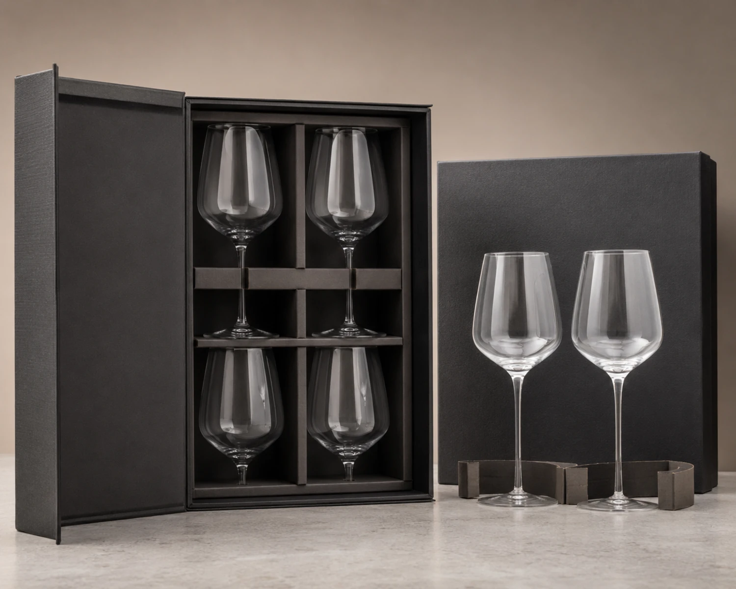 Wine Glass retail packaging image showing glass cup box, divider or protective insert