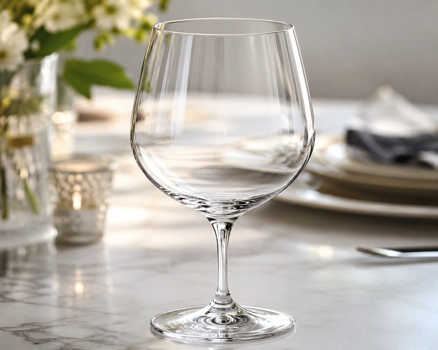 Wine Glass rim and base detail image showing glass clarity, rim finish and base structure