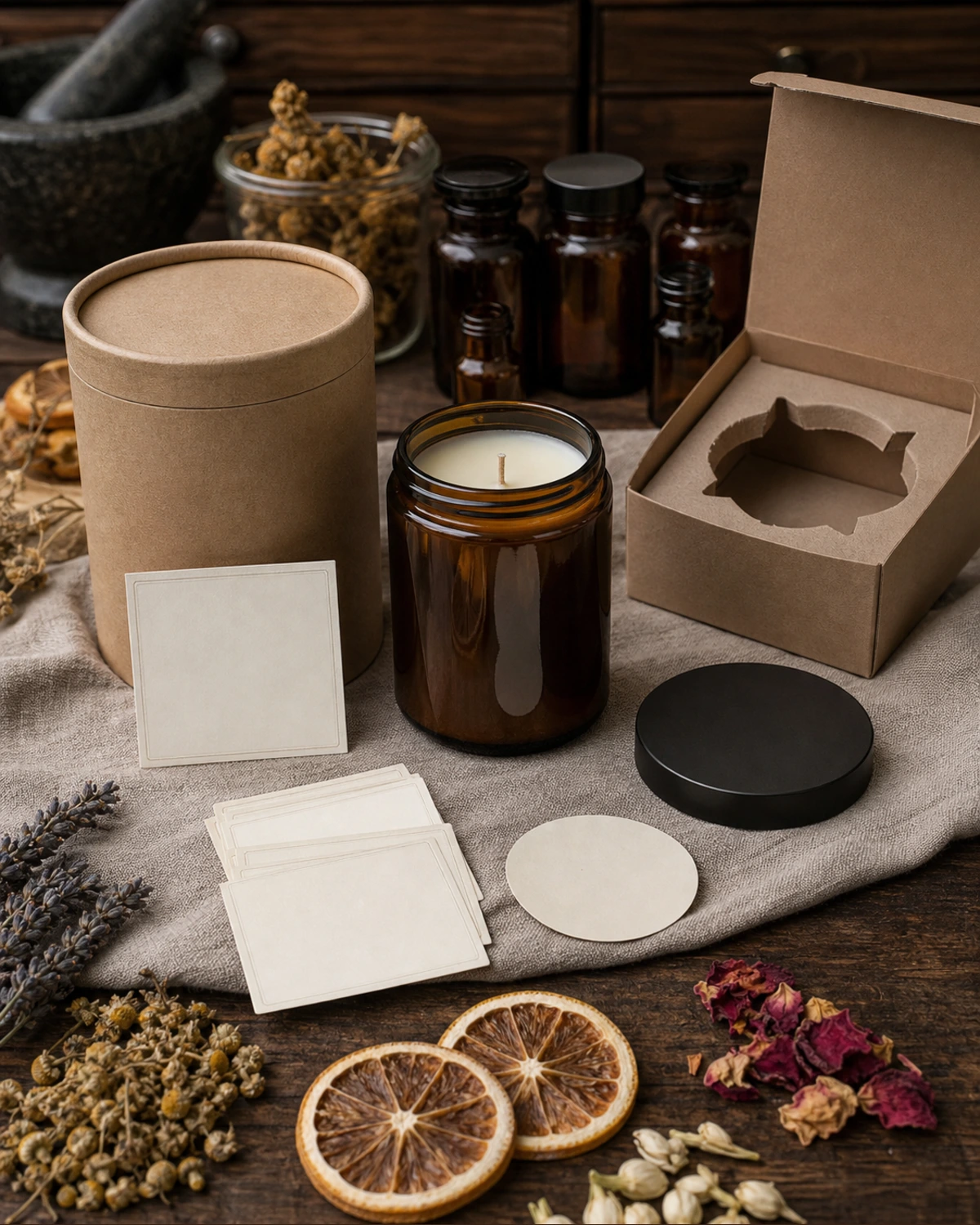 accessory detail image of Apothecary Candle Jar showing closure, label and packaging components