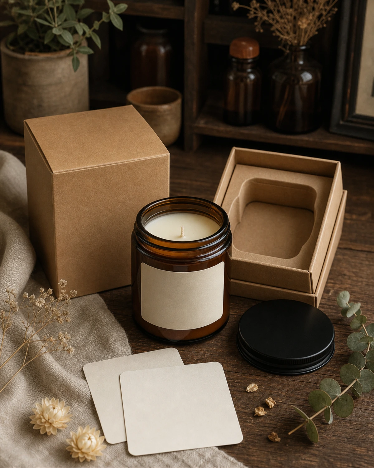 retail packaging image of Apothecary Candle Jar showing gift box and shelf presentation