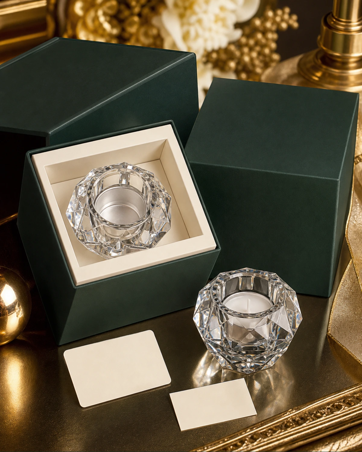 retail packaging image of Faceted Candle Holder showing gift box and shelf presentation