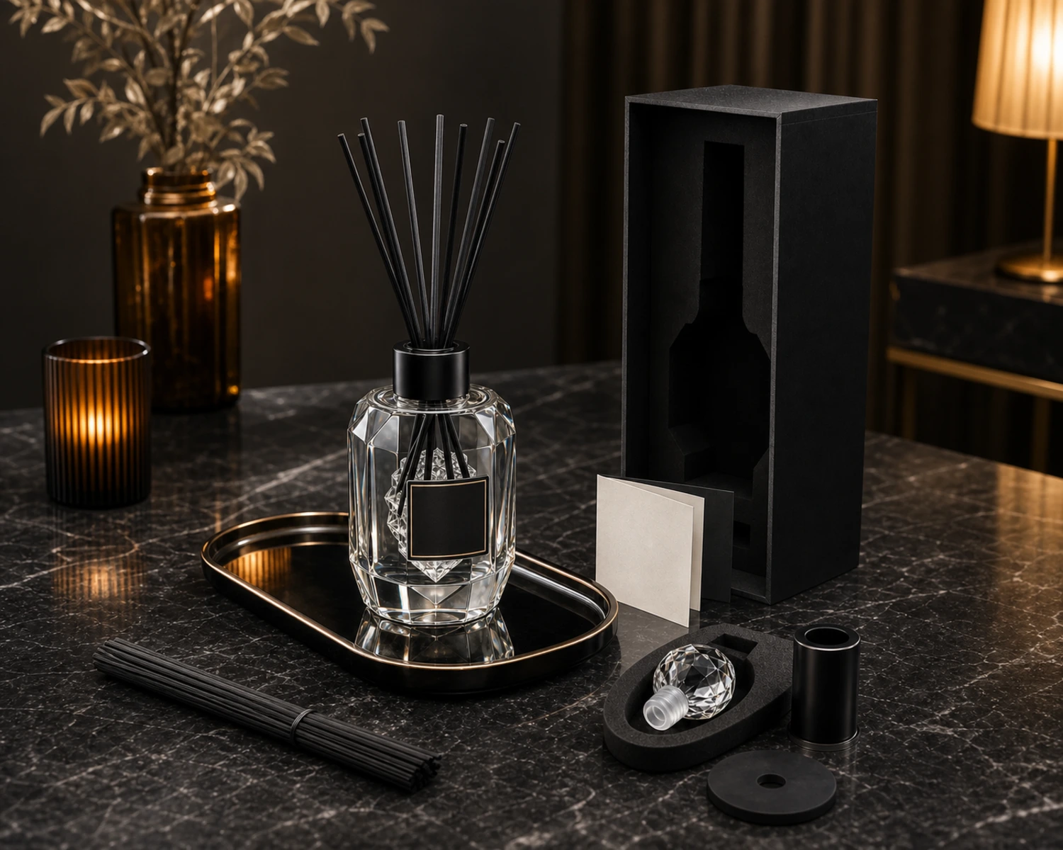 accessory detail image of Faceted Diffuser Bottle showing closure, label and packaging components