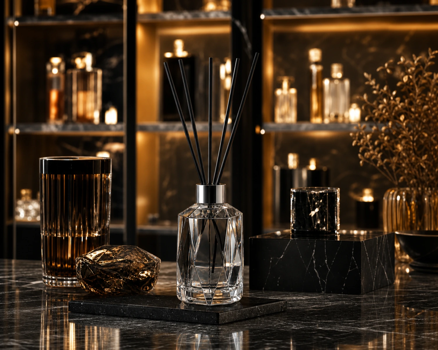 Faceted Diffuser Bottle lifestyle campaign image showing home fragrance application scene