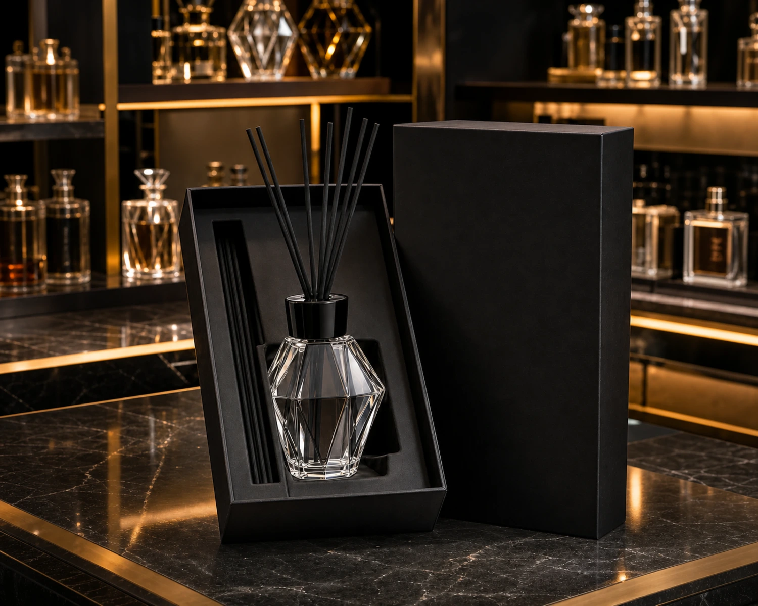 retail packaging image of Faceted Diffuser Bottle showing gift box and shelf presentation