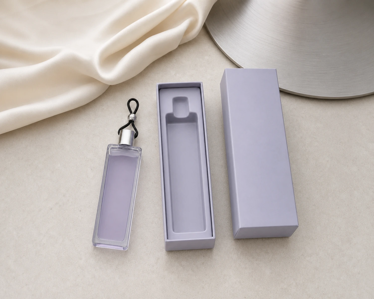 retail packaging image of Flat Hanging Diffuser Bottle showing gift box and shelf presentation