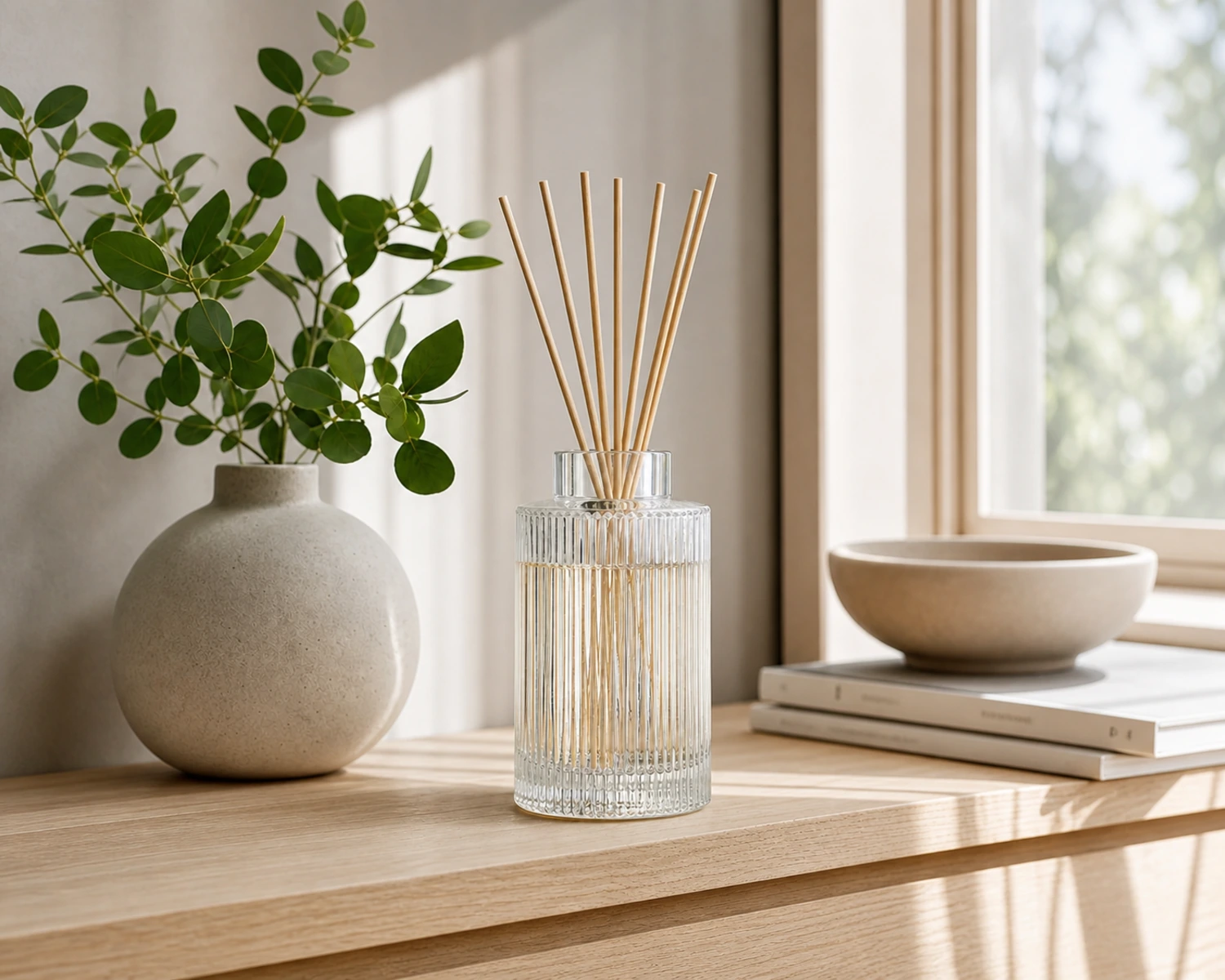 Fluted Diffuser Bottle lifestyle campaign image showing home fragrance application scene
