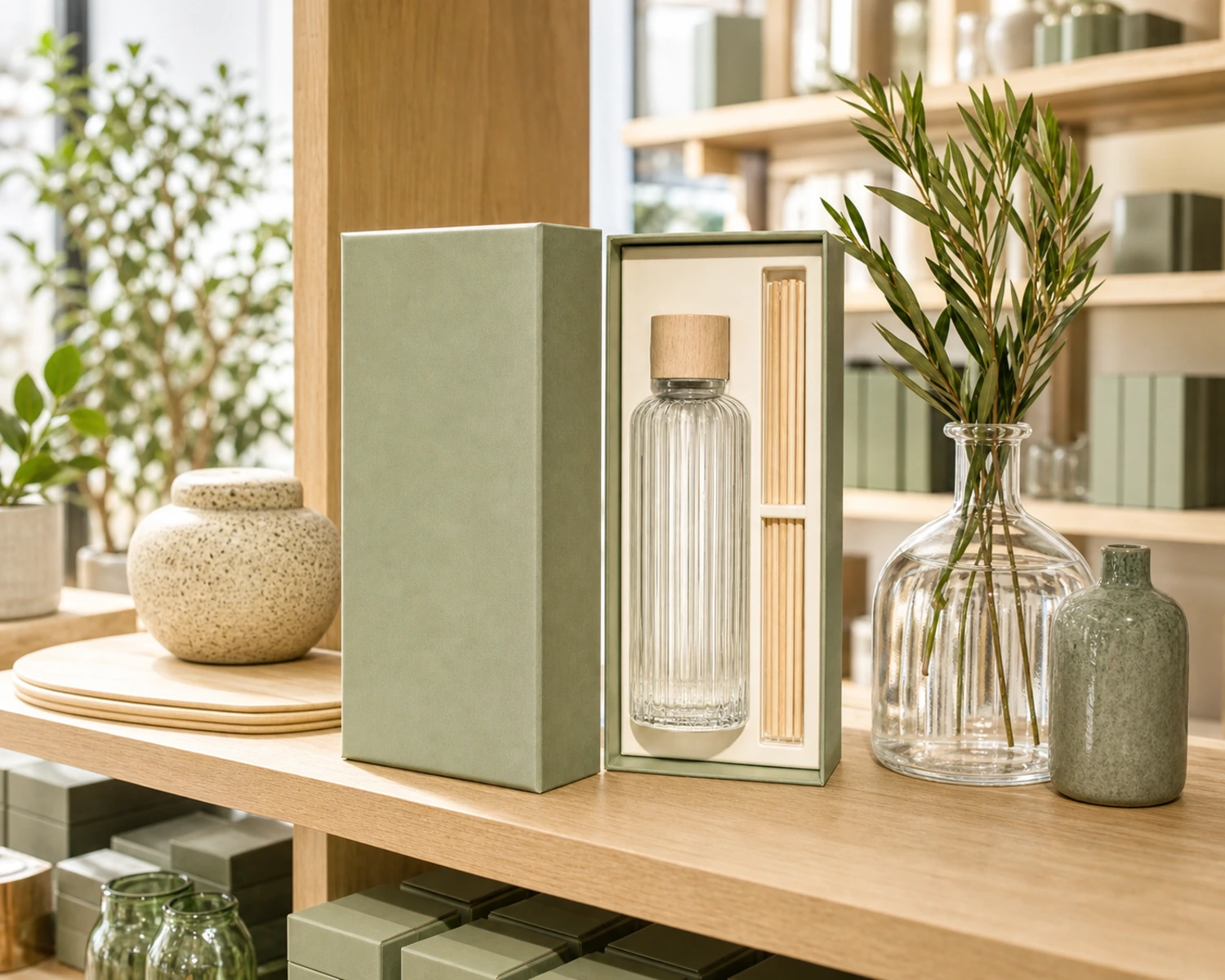 retail packaging image of Fluted Diffuser Bottle showing gift box and shelf presentation