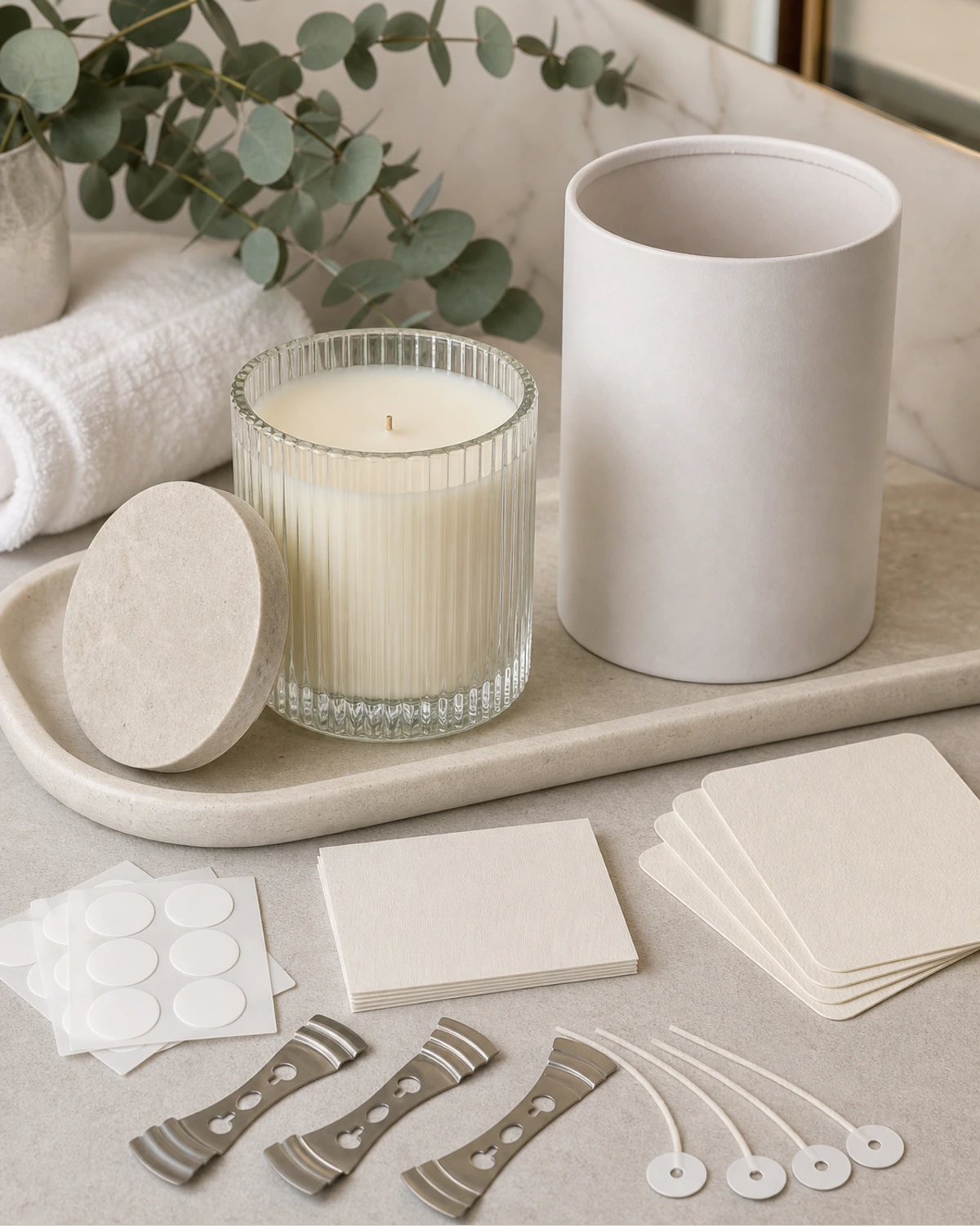 accessory detail image of Fluted Glass Candle Jar showing closure, label and packaging components