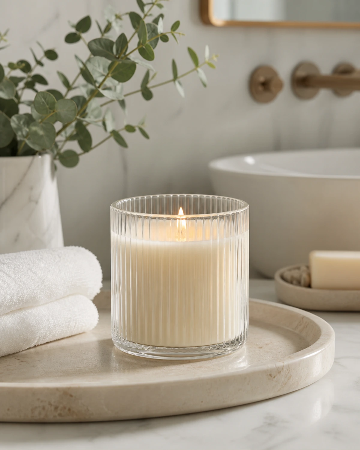 Fluted Glass Candle Jar lifestyle campaign image showing home fragrance application scene