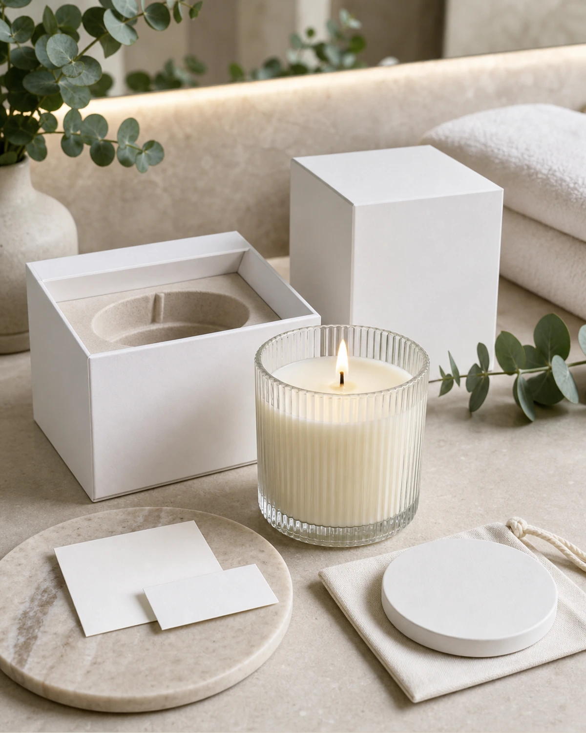 retail packaging image of Fluted Glass Candle Jar showing gift box and shelf presentation