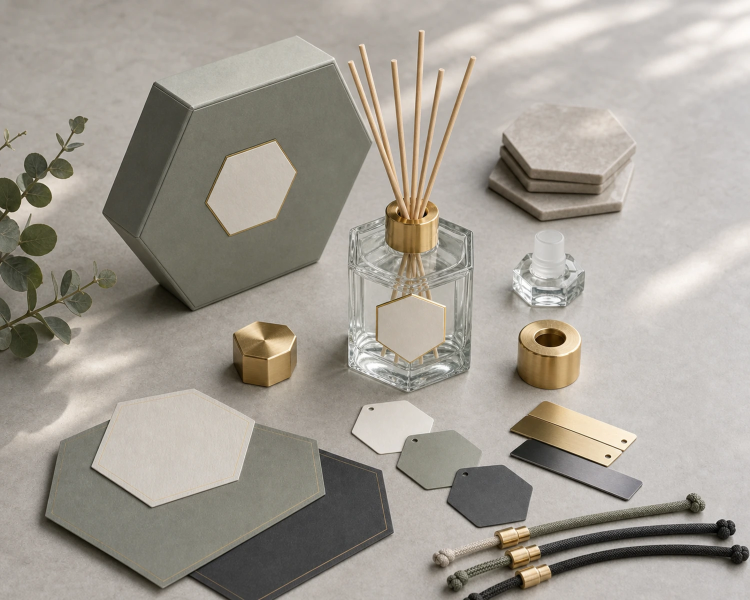 accessory detail image of Hexagonal Diffuser Bottle showing closure, label and packaging components