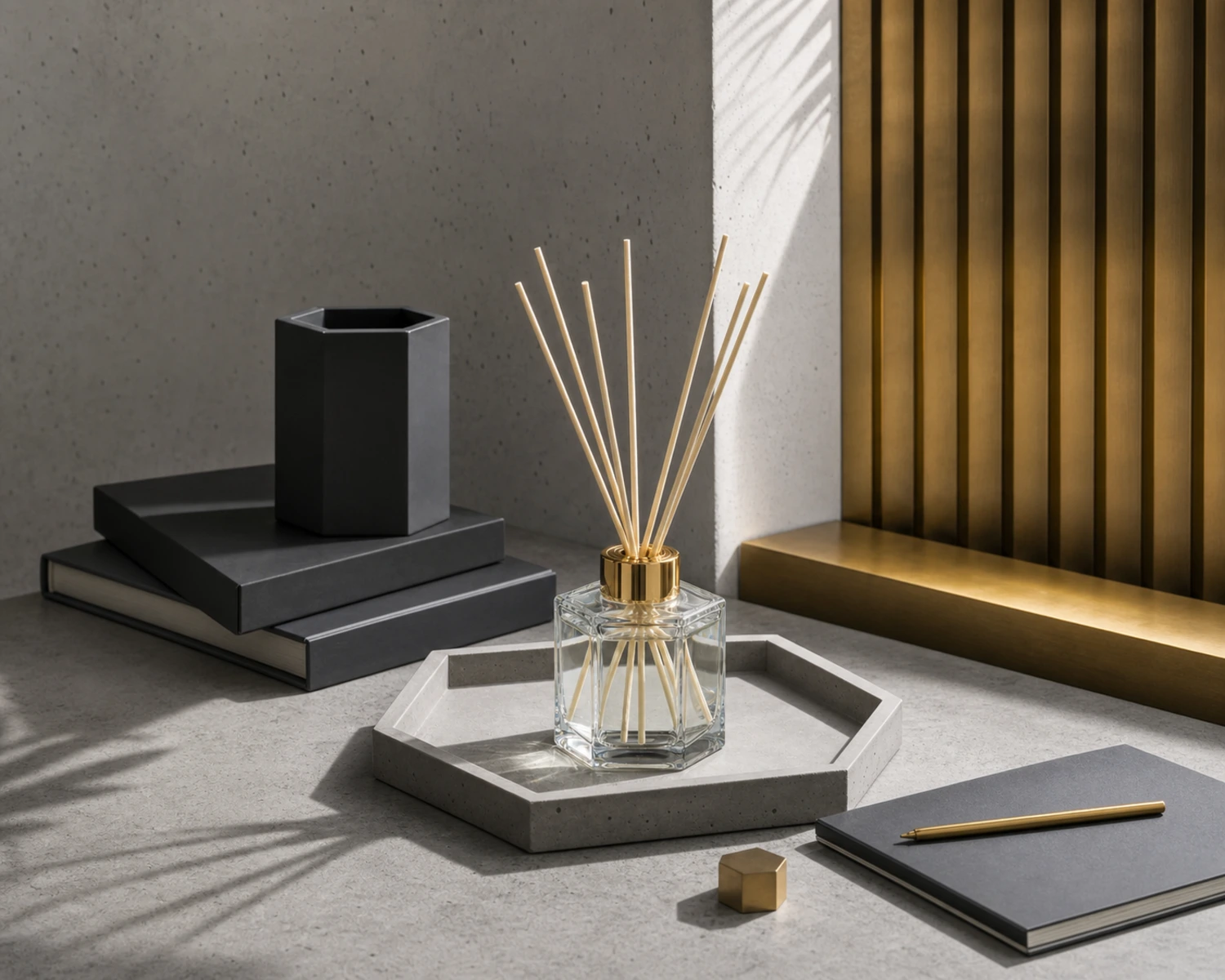 Hexagonal Diffuser Bottle lifestyle campaign image showing home fragrance application scene