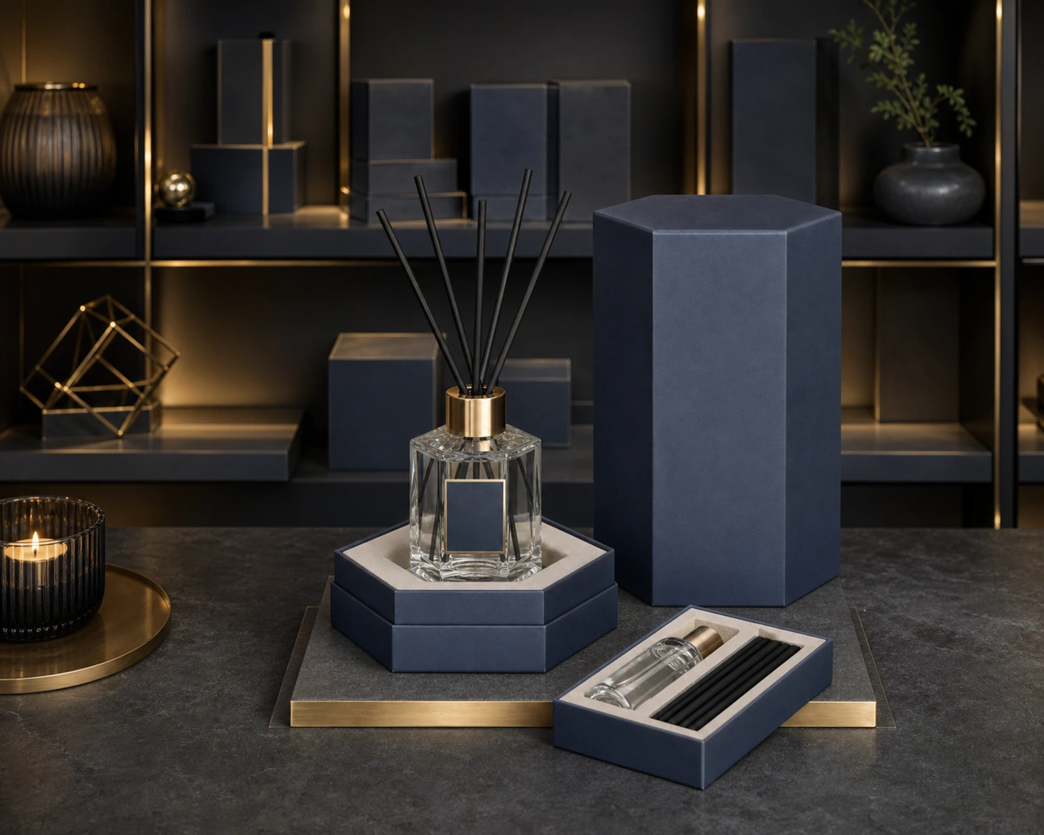 retail packaging image of Hexagonal Diffuser Bottle showing gift box and shelf presentation