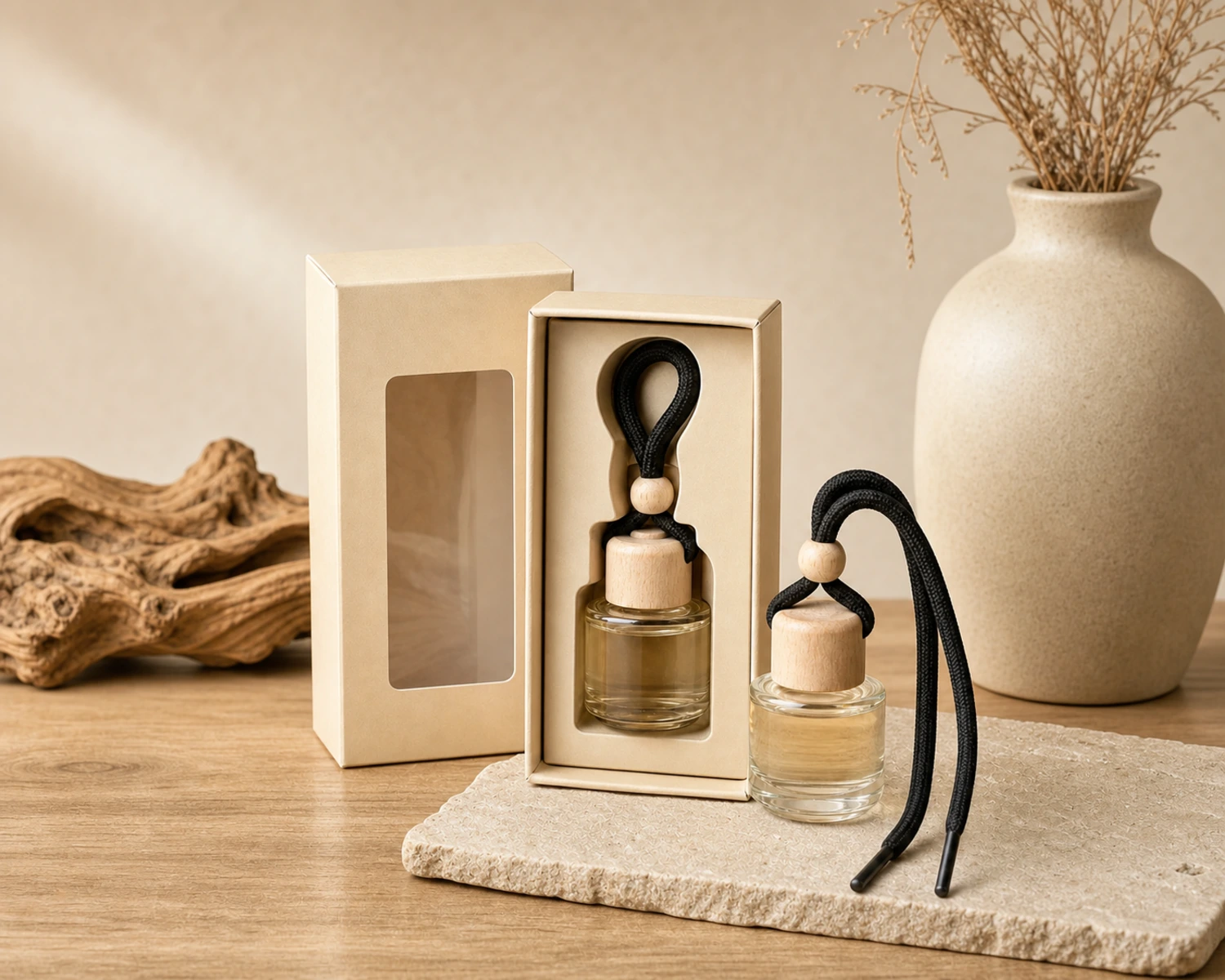 retail packaging image of Mini Hanging Diffuser Bottle showing gift box and shelf presentation