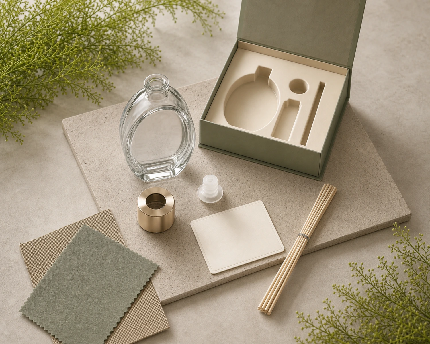 accessory detail image of Oval Diffuser Bottle showing closure, label and packaging components