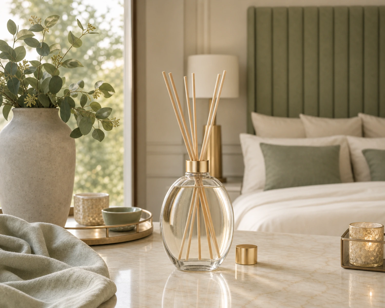 Oval Diffuser Bottle lifestyle campaign image showing home fragrance application scene
