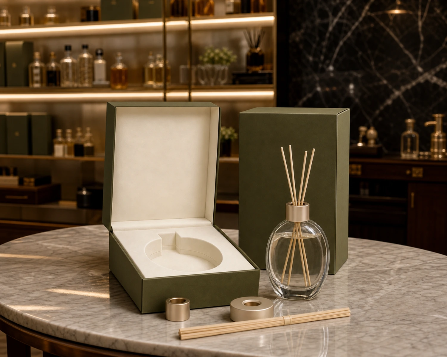 retail packaging image of Oval Diffuser Bottle showing gift box and shelf presentation