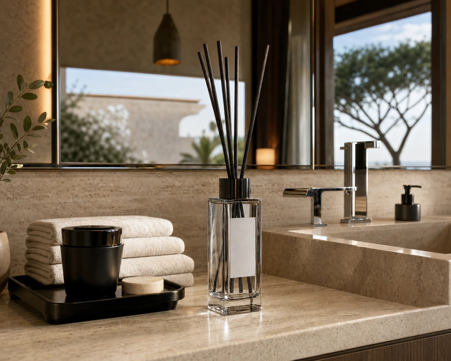 Rectangular Diffuser Bottle lifestyle campaign image showing home fragrance application scene